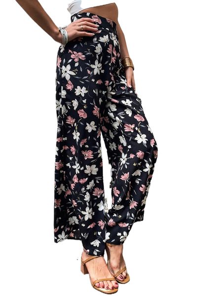 

floral print wide leg pants s30h#, Black;white