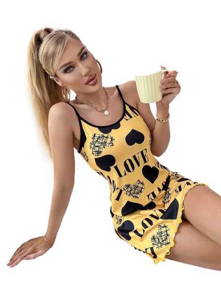 

heart & letter graphic lettuce trim cami night dress k16g#, Black;red