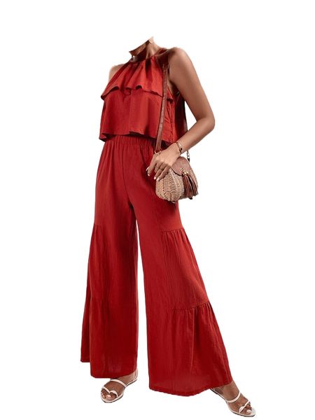 

tie back ruffle trim cami & ruffle hem wide leg pants l726#, White