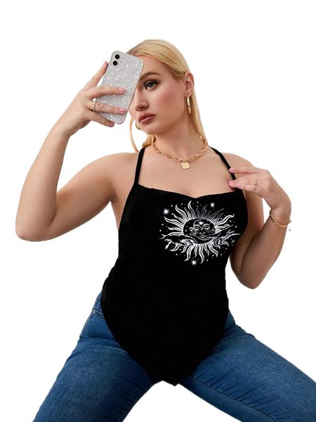 

plus graphic print draped crisscross back bandana hem cami 908h#, Black