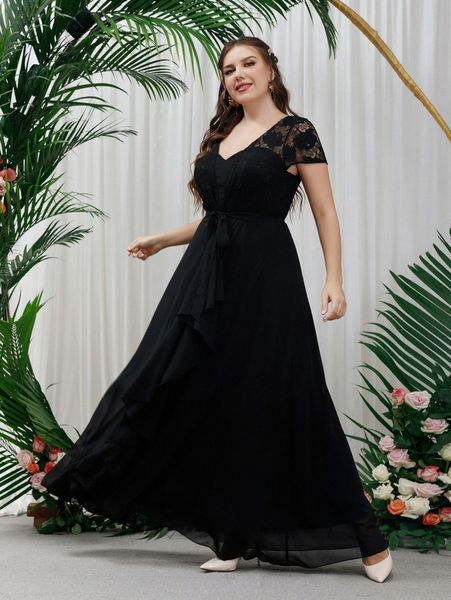 

plus guipure lace insert belted chiffon formal dress e6vh#, Black