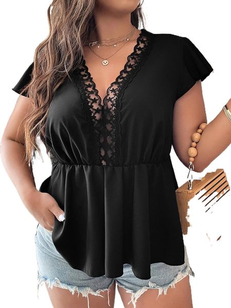 

plus contrast lace scallop trim butterfly sleeve peplum blouse j1jo#, Black