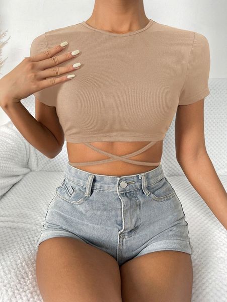 

solid crisscross tie back crop tee f6gd#, White