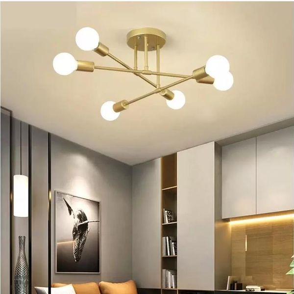 Plafoniere Sputnik Lampade nordiche a semi-incasso Illuminazione in oro antico spazzolato Decorazioni per la casa a 6 luci