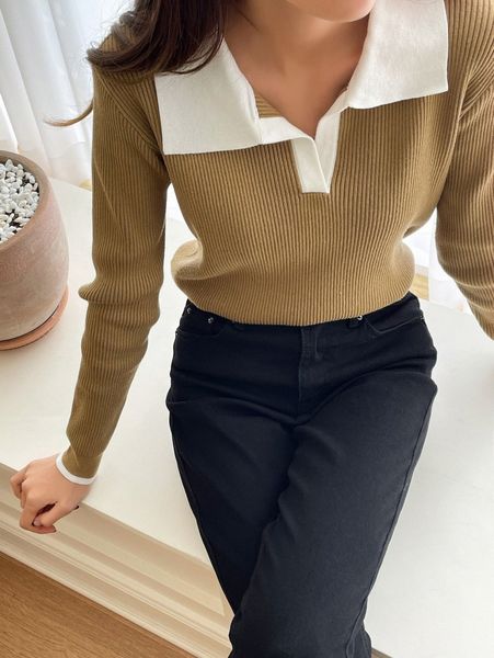 

dazy color block polo neck ribbed knit sweater q8ow#, White;black