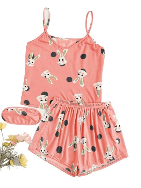 

plus cartoon rabbit and polka dot cami & shorts pj set with eye cover e6vn#, Black;white
