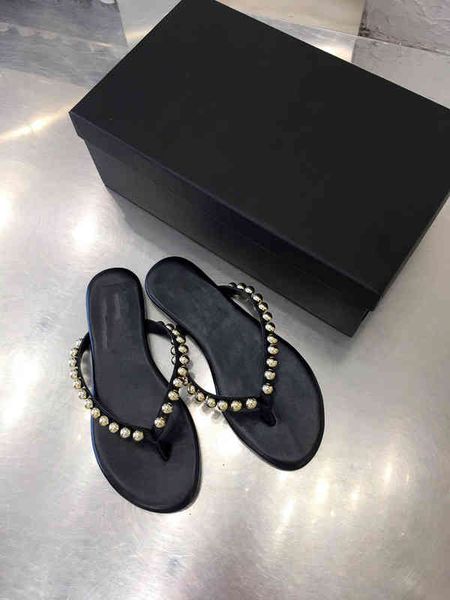 

slippers spring jil pearl rivet flip flops wear lazy shoes and flat sandals, Black
