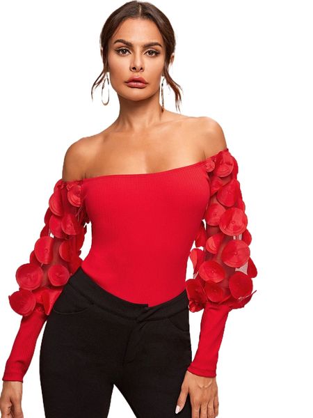 

applique mesh lantern sleeve rib-knit bardot w4lt#, White