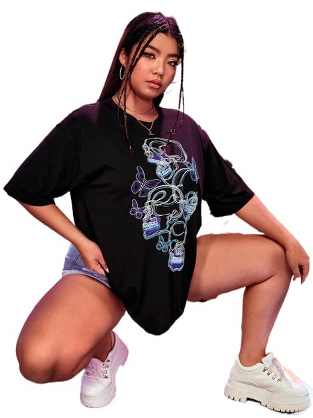 

plus butterfly & skull print drop shoulder tee m6or#, Black