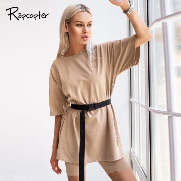 

ropter summer women set oneck loose half sleeve shirt and biker shorts casual two piece set solid outfit suit streetwear y200822, Gray