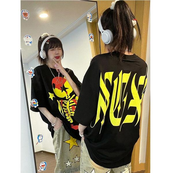 

women's t-shirt men hip hop gothic tshirt hit color letter skull skeleton print punk rock streetwear t shirt women summer short sleeve, White
