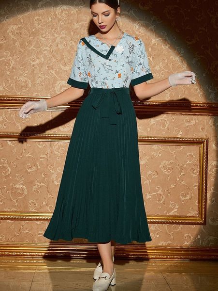 

floral print stereo flower asymmetrical neck pleated hem belted dress i0xj#, Black;gray