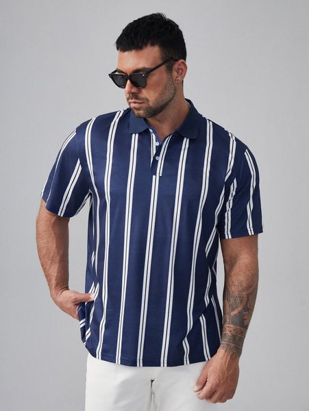 

extended sizes men striped print polo shirt b84r#, White;black