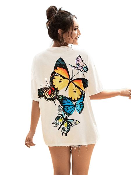 

butterfly print drop shoulder tee 5271#, White
