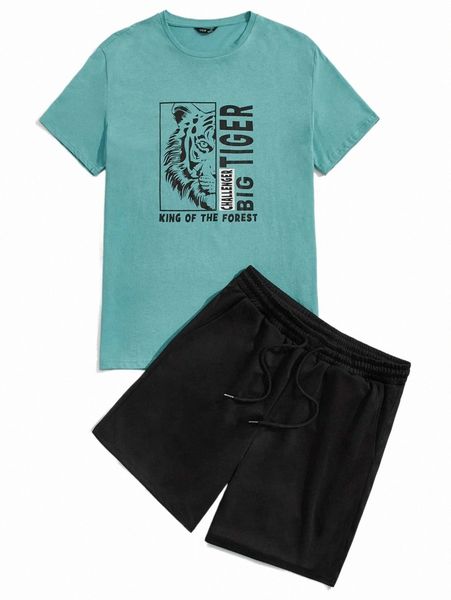 

men slogan & tiger print tee & drawstring waist shorts set 060c#, Gray