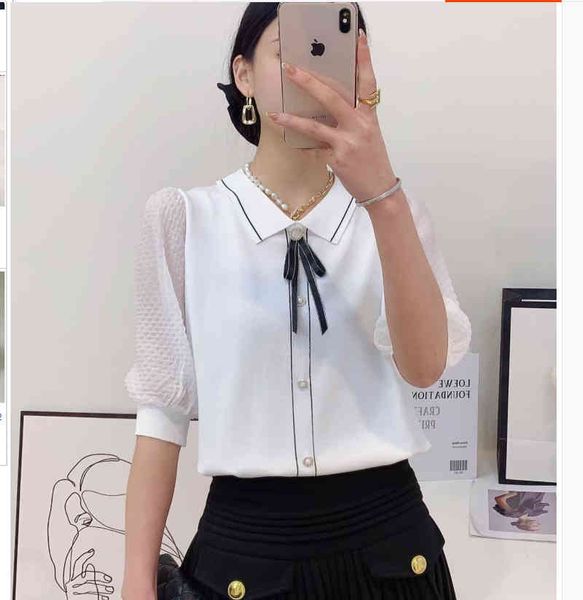 

women's polos bow middle sleeve ice silk knitted short t-shirt women's age reduced thin knitted summer aflh, White