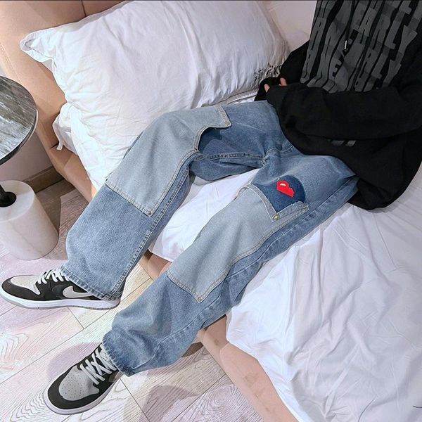 

men's jeans streetwear vintage men summer pocket stitching printing korean casual mid waist denim straight pantsmen's, Blue