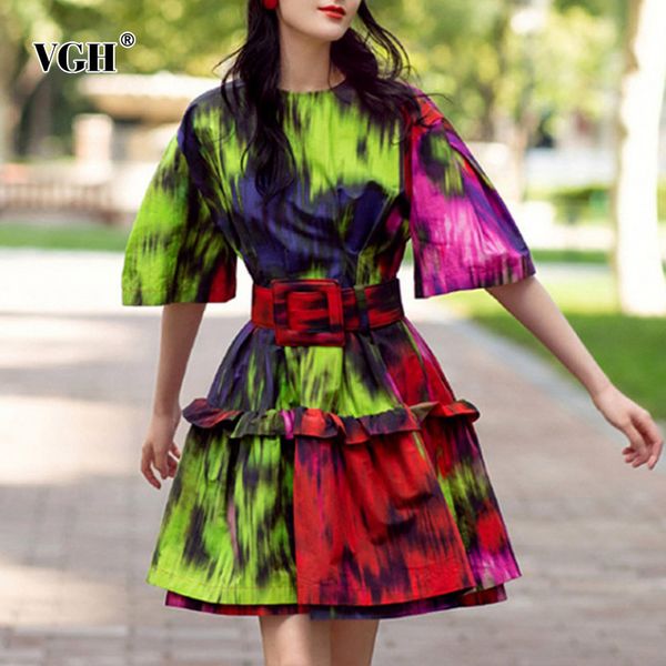 

hit color print dress for women o neck short sleeve high waist sashes slim tie dye mini dresses female fashion clothing 210507, Black;gray