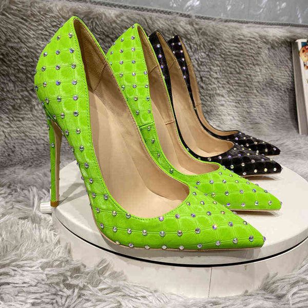 

noenname null 12cm women's rhinestone buckle high heels shoes glitter fashion pumps party pointed toe wedding shoes t220730, Black