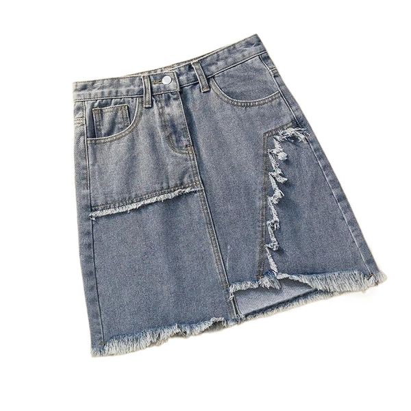 

skirts vintage high waist a line jeans skirt women summer plus size denim tassel burrs harajuku saia ripped jupe femme j2zm#, Black