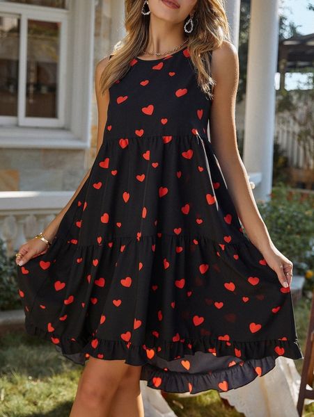 

heart print ruffle hem dress n9lt#, Black;gray