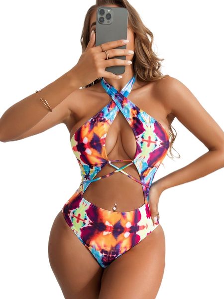 

tie dye cut-out one piece swimsuit p69u#, White;black