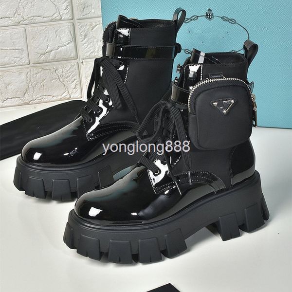 

boots high end quality leather muffin thick soled increased martin boots pocket bag short medium cylinder motorcycle women's, Black