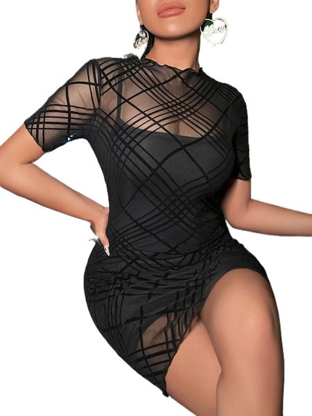 

argyle pattern lettuce trim mesh dress without camisole g9la#, Black;gray