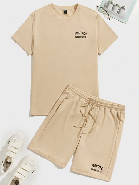 

men letter graphic tee & drawstring waist shorts l8f7#, Gray