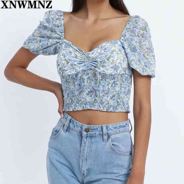 

xnwmnz ladies vintage square collar bow chic floral print short flare sleeve women blouse elegant mujer 210513, White