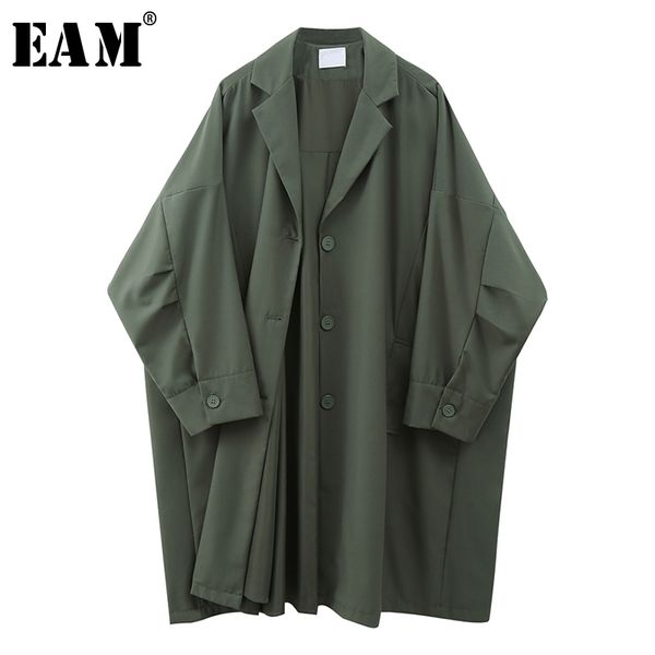 Eam Women Green Brief Brief Big Size Trench Lapel Lapel Long Batwing Batwing Manga Loose Windbreaker Fashion Spring 1x135 201030