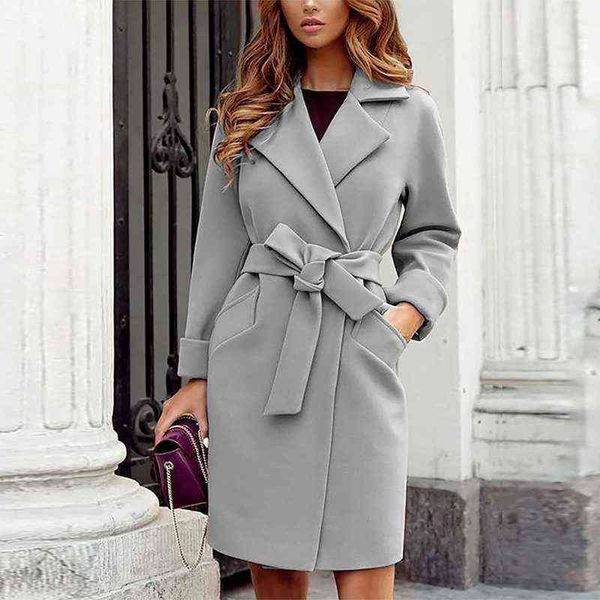 

female woolen blends lapel long sleeve waist belt for winter jacket fashion women autumn winter outerwear coats t220714, Black