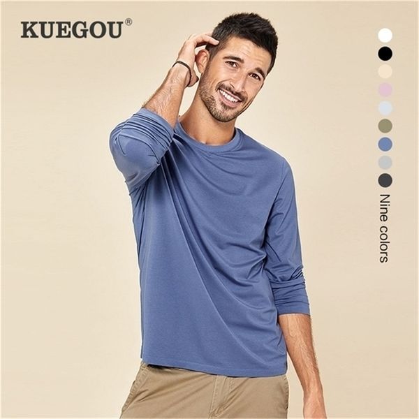 

kuegou spring tshirt elastic modal men's t-shirt long sleeve fashion solid color plus size 5951 220302, White;black