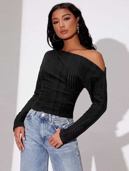 

asymmetrical neck rib-knit tee 29bx#, White