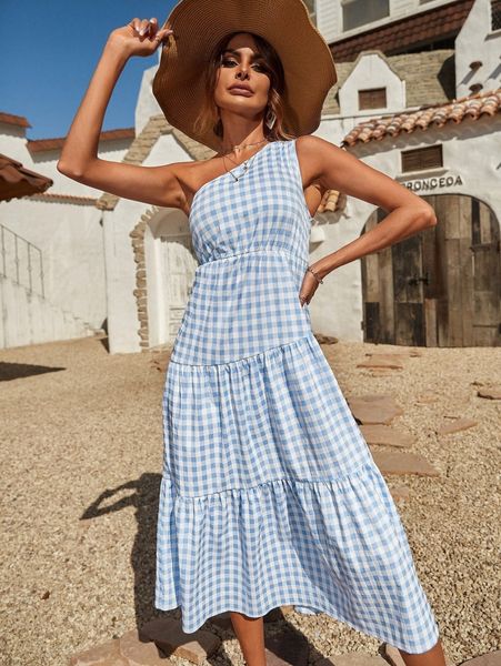 

gingham print one shoulder dress g5ni#, Black;gray