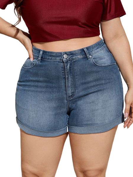 

plus washed roll up hem denim shorts 24sn#, White;black
