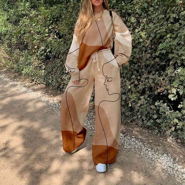 

women's two piece pants 2022 women's casual round neck loose printing basic sweater set autumn nz12, White