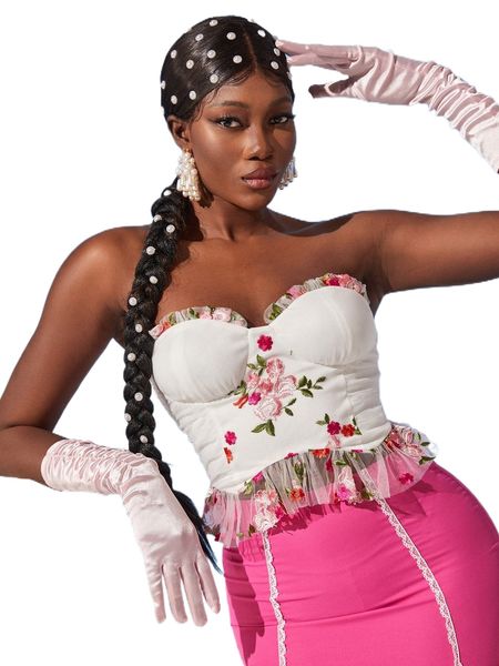 

floral embroidery frill ruffle hem bustier mesh tube 50ya#, White