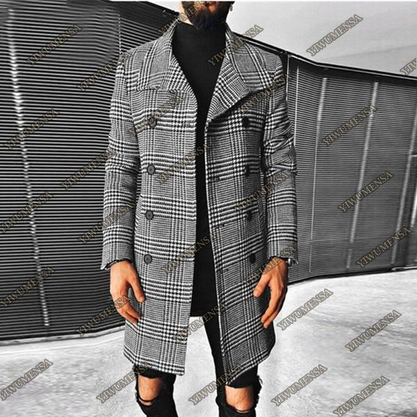 Abiti da uomo Blazer Inverno Uomo Trench Cappotto lungo Giacche da abito 1 pezzo Doppio petto scozzese Cappotto a quadri 2022 Abbigliamento maschile Capispalla Grigio