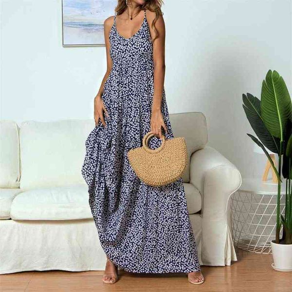 Vestido de verano de playa bohemia 2021 Túnica de mujer Casual Vestido largo hasta el suelo Pequeño estampado floral Gran correa de oscilación Vestidos con cuello en v G220510