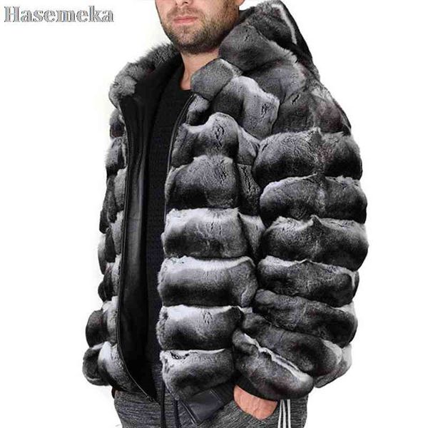 Casaco de pele masculino jaqueta 2021 moda inverno com capuz quente real rex coelho outwear fechamento com zíper tamanho grande personalizado