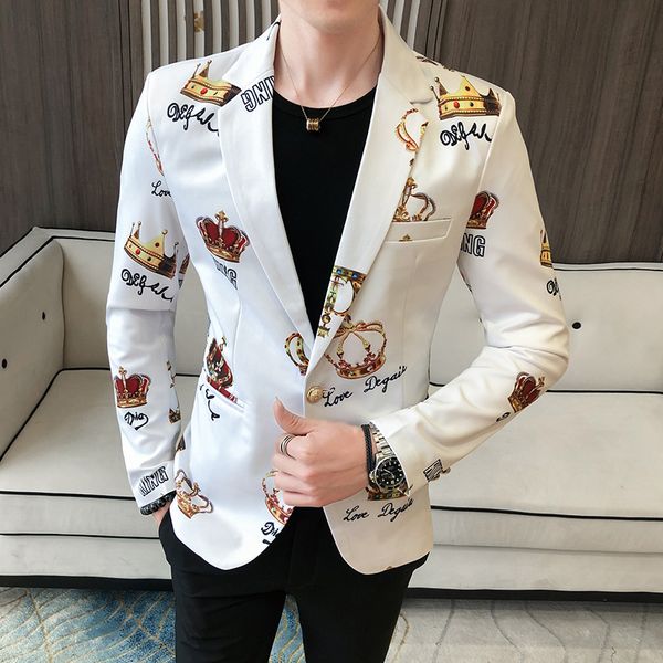 

luxury blazers for men spring crown printing suit jacket men casual slim club stage singer blazer men stylish formal tuxedo jac, White;black