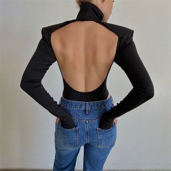 

winter jumpsuits women rompers club hollow out backless bodysuits casual long sleeve solid slim bodycon women bodysuit 210306, Black;white