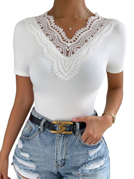 

guipure lace trim tee p13a#, White