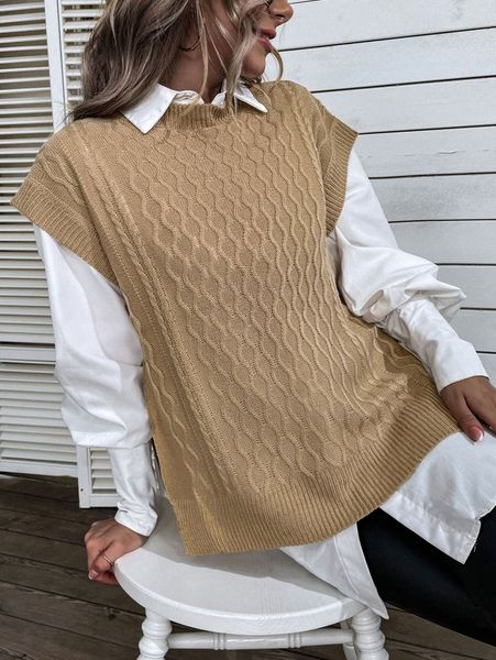 

slit side cable knit sweater vest without blouse e3kp#, White;black