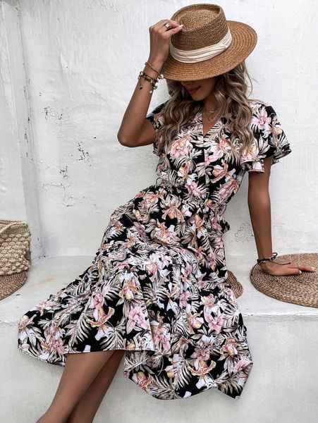 

tropical print butterfly sleeve ruffle hem belted dress a9zb#, Black;gray