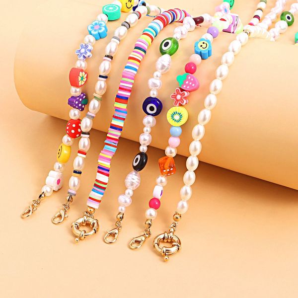 

choker nothing2 jewelry multi- smiley eye mushroom soft pottery resin pearl necklace chokers set wholesale, Golden;silver