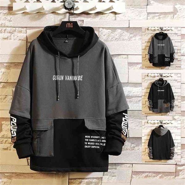 

japan style casual o-neck spring autumn print hoodie sweatshirt men's thick fleece hip hop high streetwear clothes 210730, Black