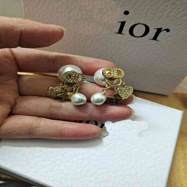 

design jewel ornament charm earring love diamond five pointed star pearl earrings temperament earrings s925 silver needle earrings, Golden