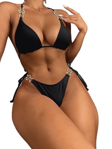 

ring linked push up bikini swimsuit s624#, White;black